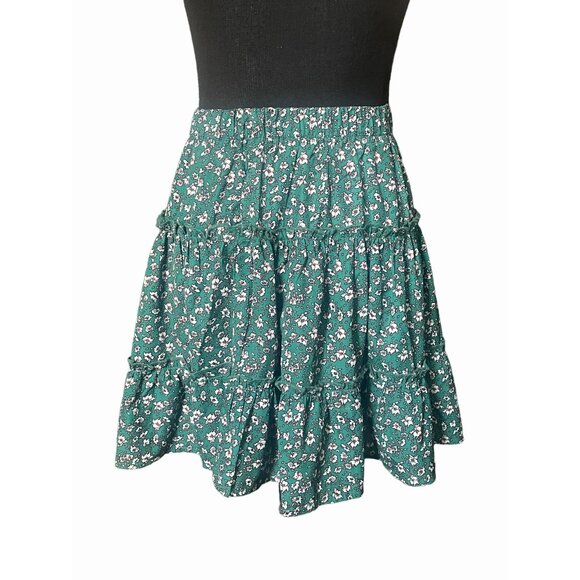 Green micro Floral A-Line Skirt - XS Boho tiered prairie cottage core elastic - Picture 3 of 5